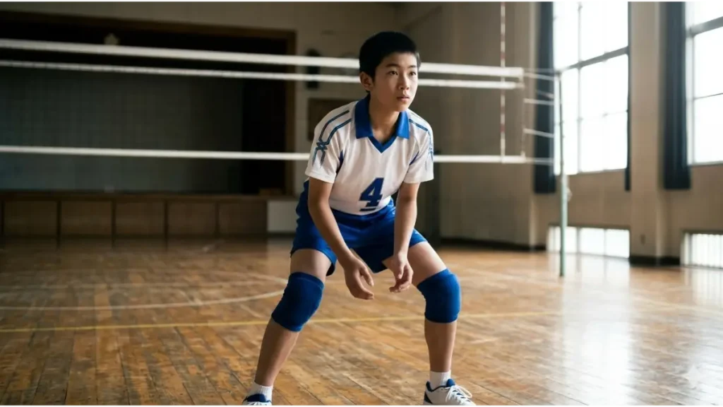 体育館の木床コートで、レシーブの構えをとる、真剣な表情の日本人中学生バレーボール選手（男子）。