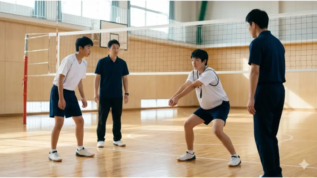 体育館で正確なレシーブフォーム(プラットフォーム)を実演する中学生男子のリベロと、それを観察するチームメイトのアタッカーとコーチ。