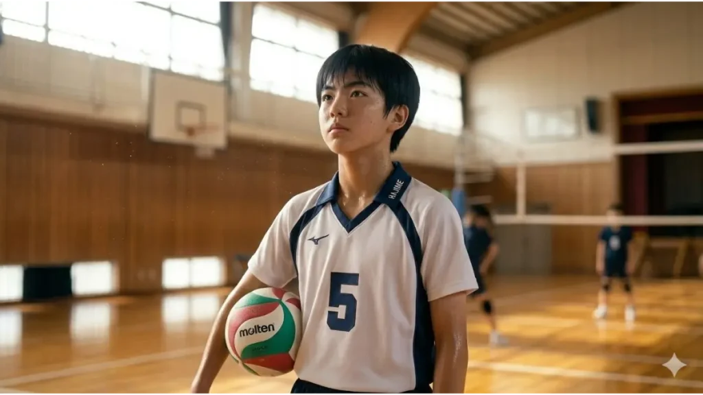 体育館の木床コートに立つ中学生セッターを撮影したリアルな写真。Molten製バレーボールを脇に抱え、冷静な表情でコートを見上げる姿は、セッターに必要な分析力と精神的資質を象徴している。