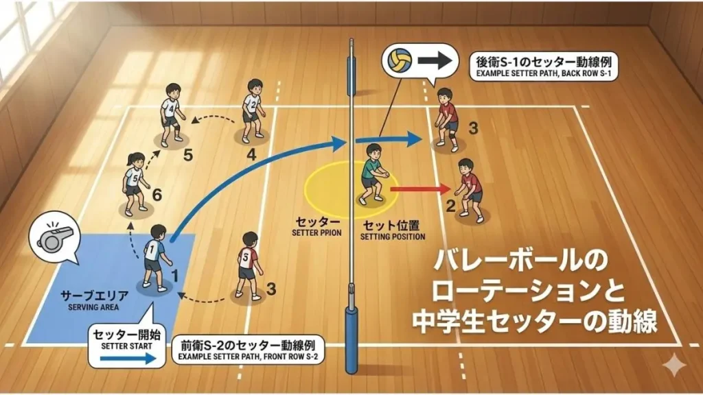 体育館の木床コートに描かれたバレーボールのローテーション図。亚洲人の中学生セッターが後衛「S-1」の位置からサーブ直後にセット位置へ移動する動線( dashed curved red line と arrow)と、前衛「S-2」の位置からの動線( simplified straight blue line と arrow)を例示している。セッターは異なる色のジャージを着ており、'セッター開始(後衛S-1)', 'セッター開始(前衛S-2)', 'セット位置', 'サーブエリア' などが日本語で図解されている。背景には blurred Gymnasium の要素がある。