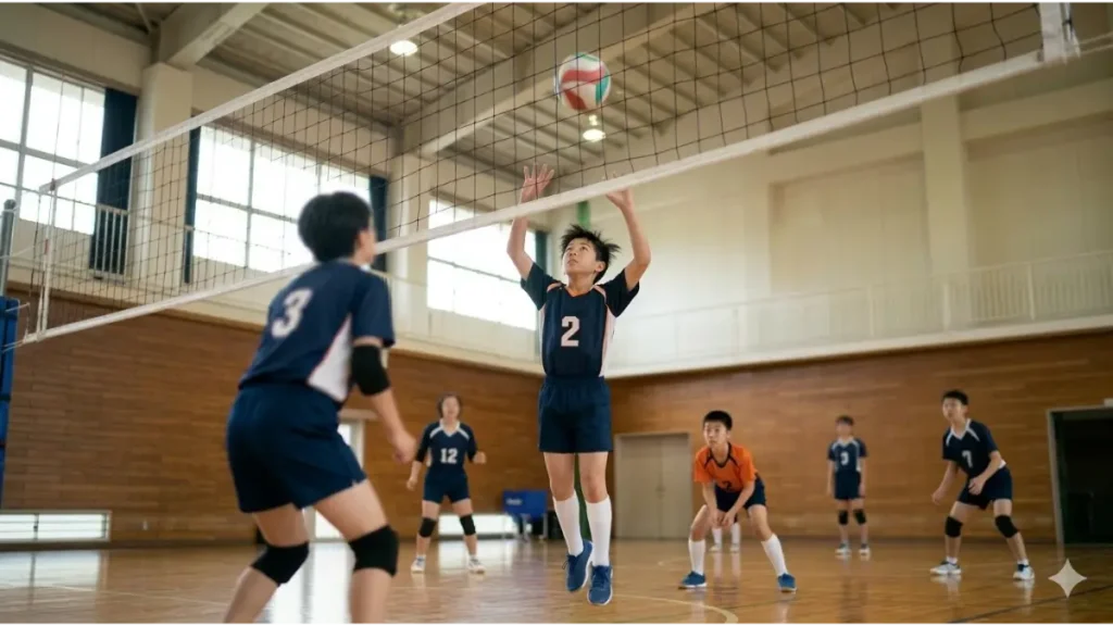 ジャンプトスを上げる中学生バレーボールのセッター選手