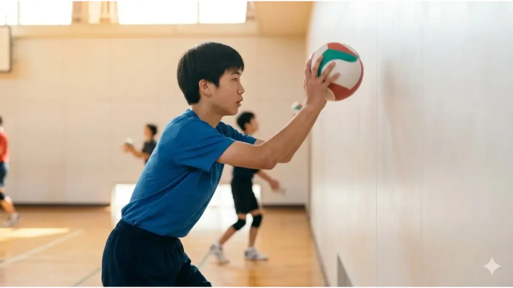 体育館の壁に向かって、集中してバレーボールのトス練習を繰り返す中学生セッター。基礎技術を磨く。