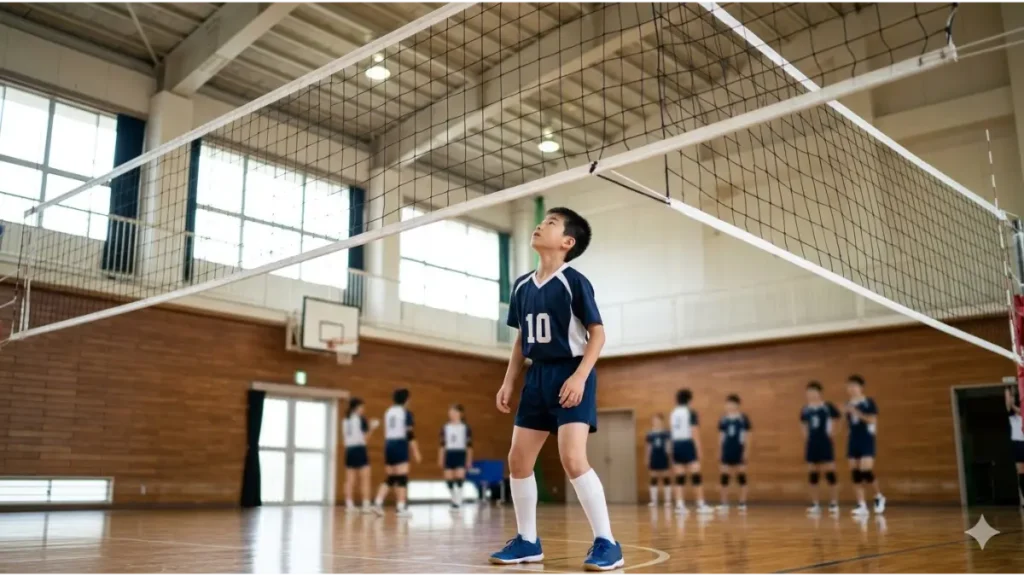 バレーボールのネットを見上げる決意に満ちた小柄な日本人中学生選手