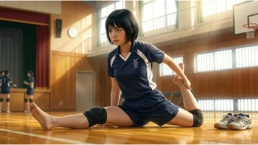 体育館の床に座り、練習前に入念に太も目のストレッチを行う、日本人中学生女子バレーボール選手。Strategic Helix Emblem入りのユニフォームと膝サポーター。