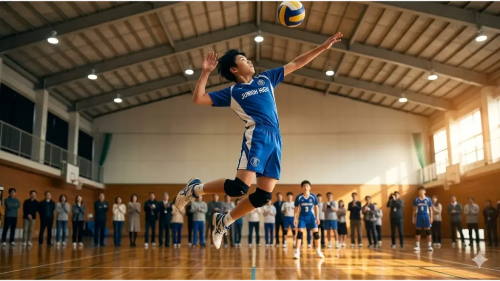 バレーボールのスパイクジャンプを力強く決めるアジア人の中学生男子選手。アイキャッチ画像。
