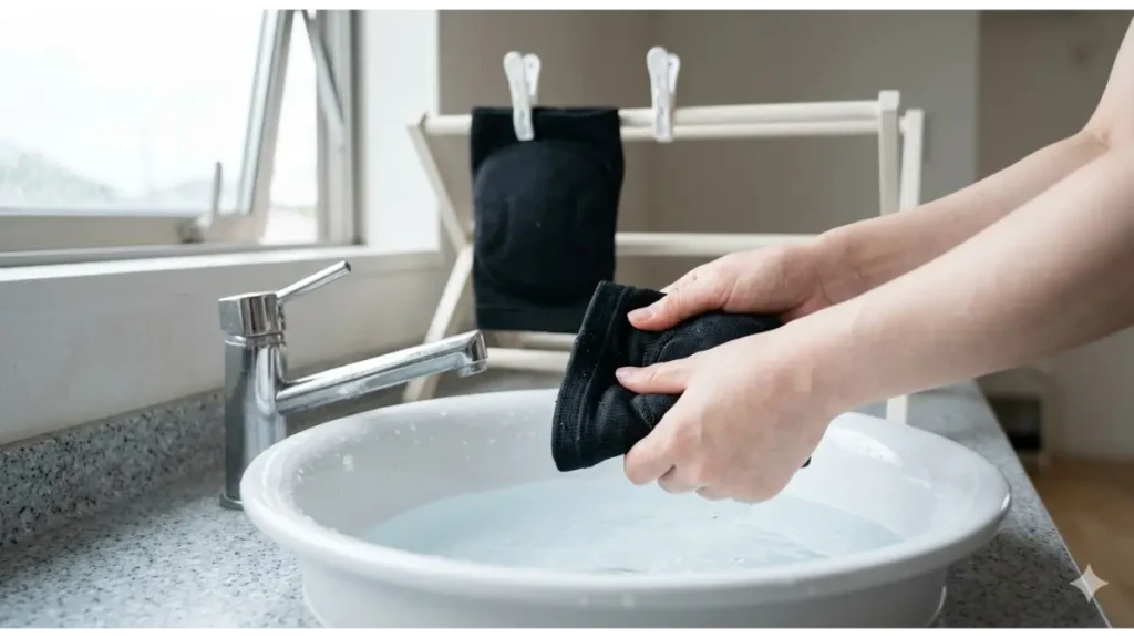 ジュニアバレーボールの膝サポーターを長持ちさせる正しいメンテナンス。洗面器での優しい手洗いと、風通しの良い日陰での陰干し、そして買い替え時期の目安。