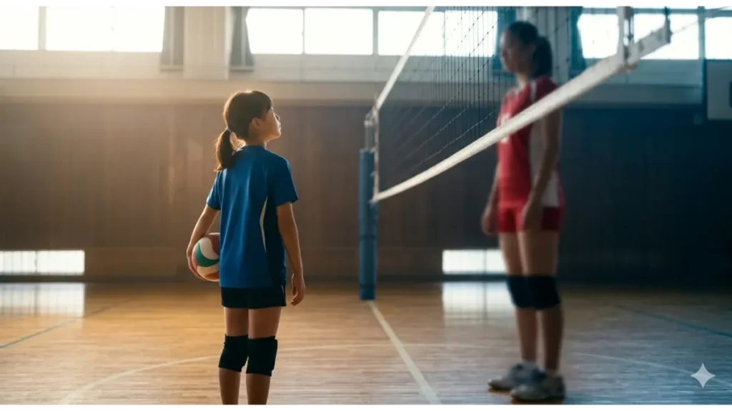 ジュニアバレーボールの試合中、ネット際で身長の高い相手選手を見上げる小柄な女子選手。道具(サポーター)では克服できない、物理的な身長とリーチの差という壁の存在。