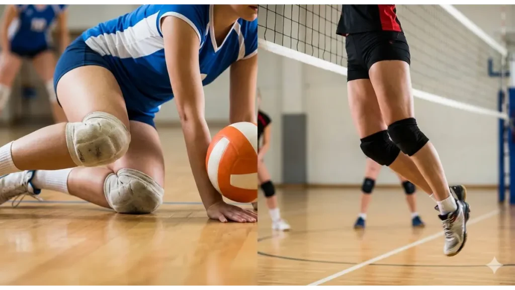ジュニアバレーボールのリベロとアタッカーで膝サポーターを使い分ける様子。低い姿勢でのレシーブに適した厚型パッドと、高い打点からのスパイクを妨げない薄型パッド。