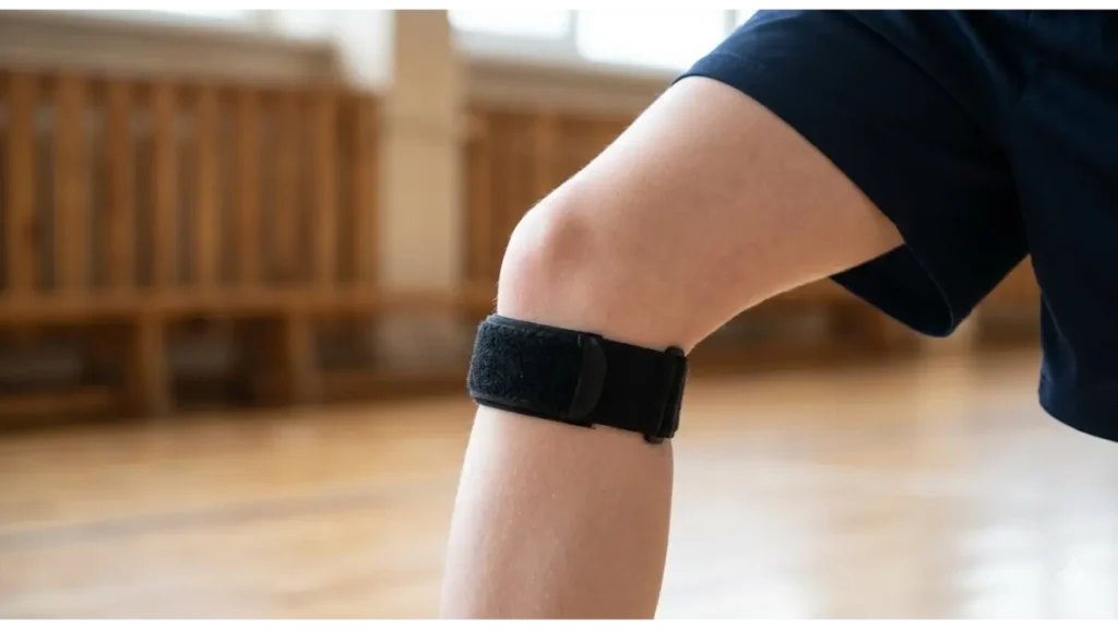 ジュニアバレーボールのオスグッド病(成長痛)に悩む選手が、膝下の腱(膝蓋腱)をピンポイントで圧迫するバンドを装着する様子。痛む箇所をピンポイントで押さえる。