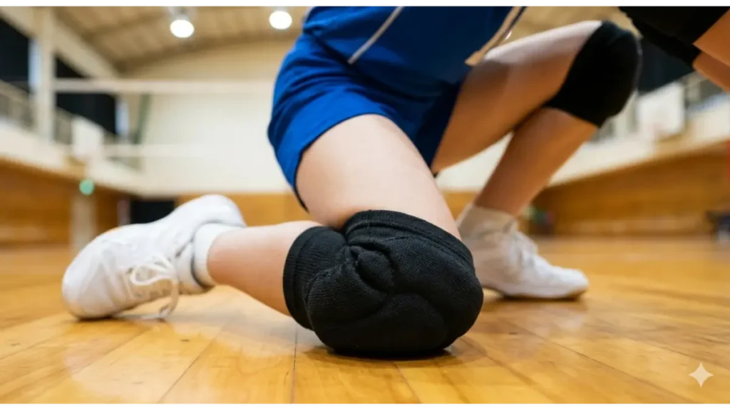 ジュニアバレーボールの初心者が膝を床に突く際、厚型のパッド入りサポーターが衝撃を和らげる様子。クッション性のあるサポーターで膝の痛みを防ぐ。