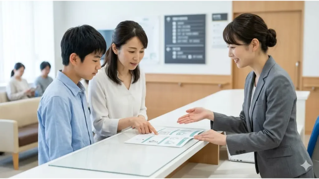 骨端線レントゲン検査の診療科選びについて説明する病院の受付風景