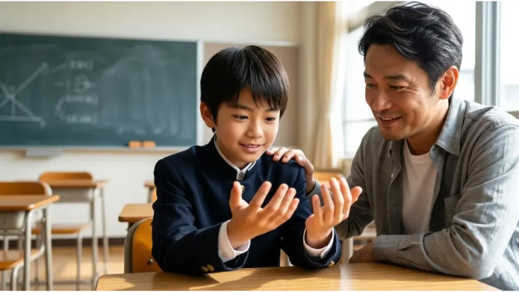 教室で自分の手（成長の余白）を見つめて希望を持つ、晩熟型の日本人中学生男子と温かく見守る父親のフォトリアリスティックな写真。