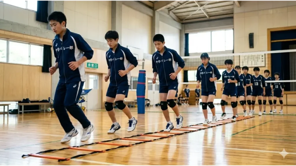 体育館の床に置かれたアジリティラダーで素早いフットワーク練習をする日本人中学生チーム。