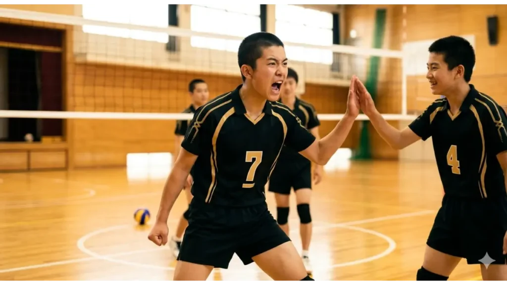 日本の男子高校生のバレーボール部員。黒とゴールドのユニフォームを着用し、体育館で咆哮を上げながらハイタッチをする。短髪で、試合中の興奮が伝わる実写風画像。背景には他の部員やネットが見える。