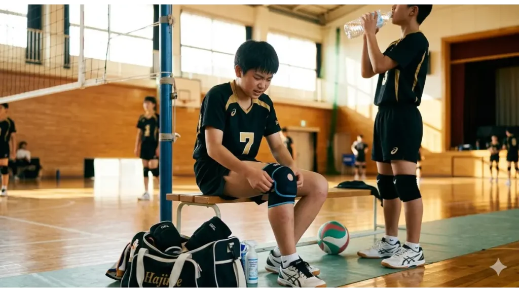 日本の男子中学生のバレーボール部員。体育館の休憩中、ネット支柱の近くで、左膝に装着された膝サポーターを調整し、顔をしかめながら成長痛に直面している姿を捉えた実写風画像。身長や膝の悩みを象徴する。