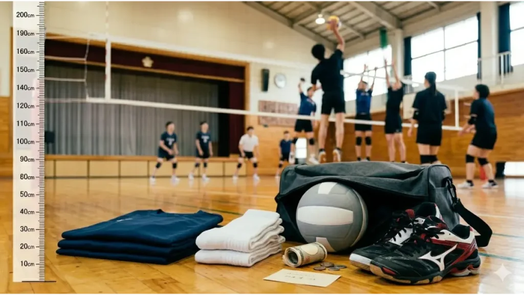 屋内ジムのコートに置かれた、男子バレーボール部員用の装備セット。3枚のネイビーブルーの練習着、2足の白いソックス、1足のシューズ( image_2.png のもの)、そしてチームジャージ、そして、チーム指定のリュック。背景には blurred(ぼかした) junior high school 男子部員が練習している姿が見える。