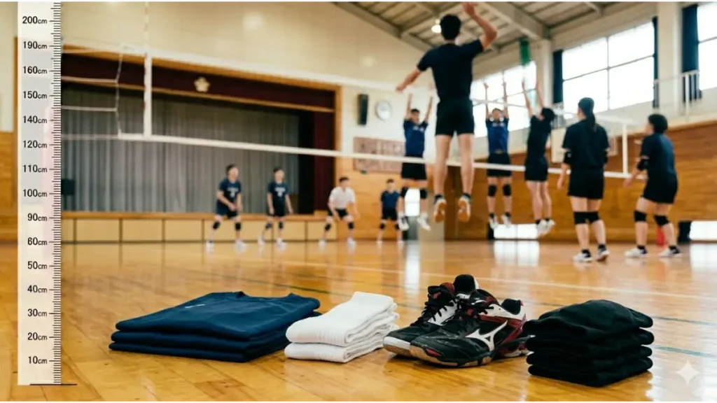 屋内ジムのコートに置かれた、男子バレーボール部員用の装備セット。3枚のネイビーブルーの練習着、2足の白いソックス、1足のシューズ( image_2.png のもの)、そしてチームジャージ、チーム指定のリュック、そして膝サポーター( image_2.png のもの)。背景には blurred(ぼかした) junior high school 男子部員が練習している姿が見える。