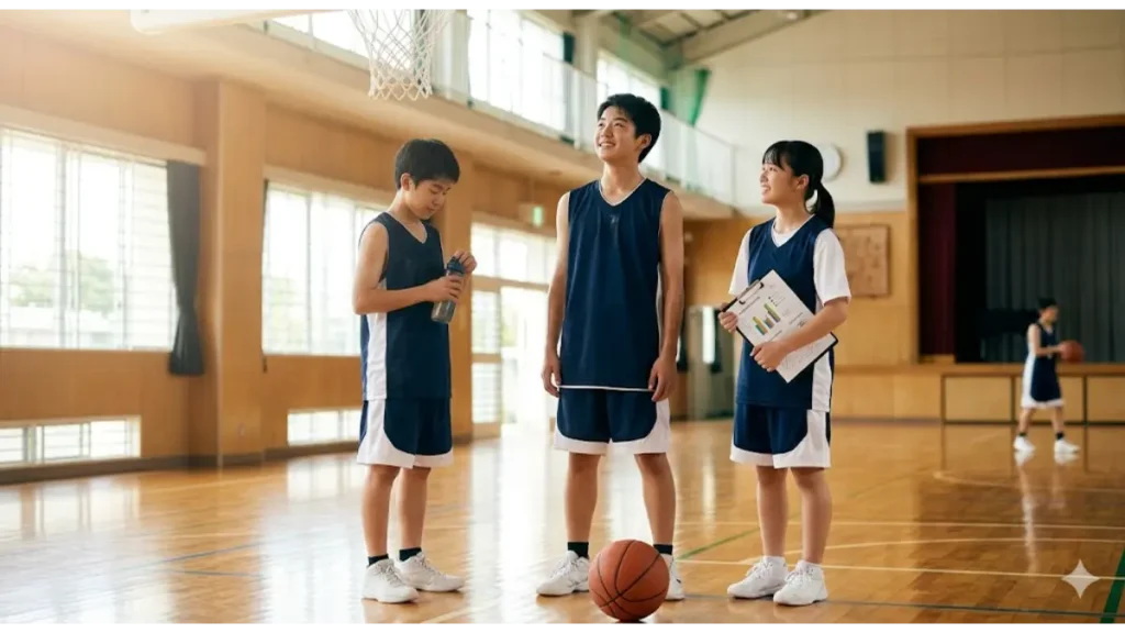 バスケの練習で高く跳ぶ日本人中学生男子。努力と科学的な対策で身長を伸ばす可能性を最大化したイメージ。