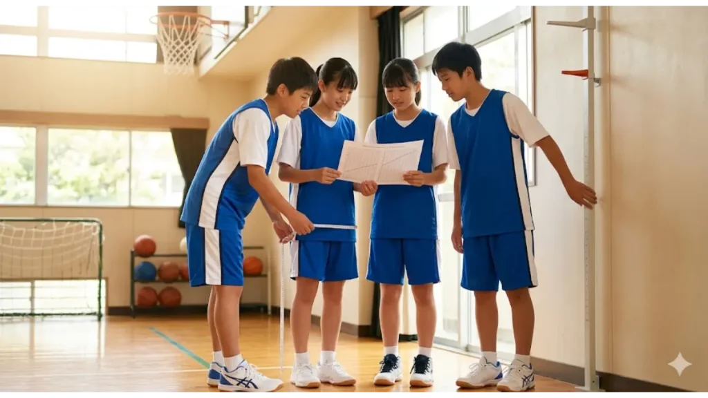 バスケの練習で高く跳ぶ日本人中学生男子。成長スパートによる身体の変化と運動能力向上をイメージ。