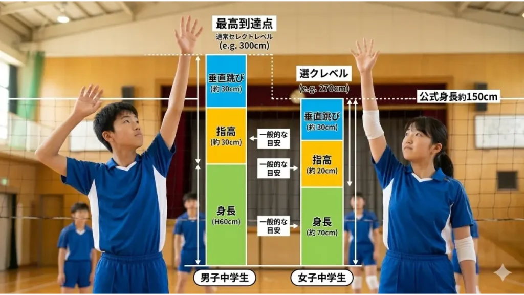 バレーボールの中学生における最高到達点の平均値と、その構成要素(身長・指高・垂直跳び)を分かりやすく解説した比較図解。日本人中学生の男子・女子選手が手を伸ばして目標点(男子300cm、女子270cm目安)を目指すイメージ画像。