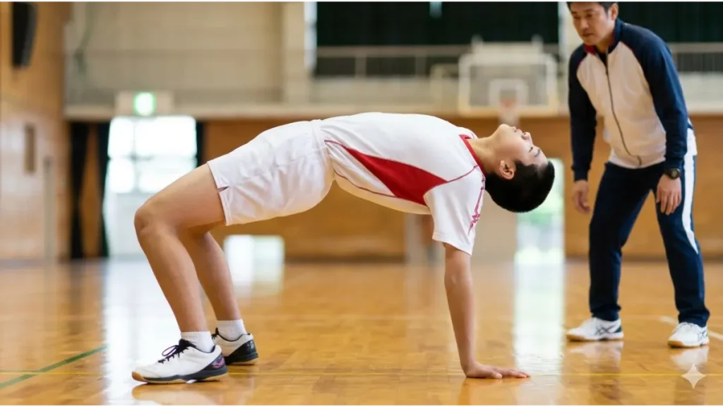 体育館でバックブリッジを行う中学生バレーボール選手とコーチ