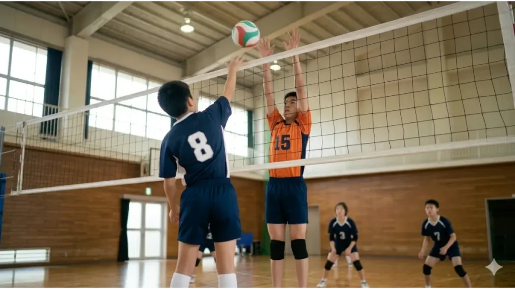 身長の高いブロックを利用してブロックアウトを狙う中学生選手