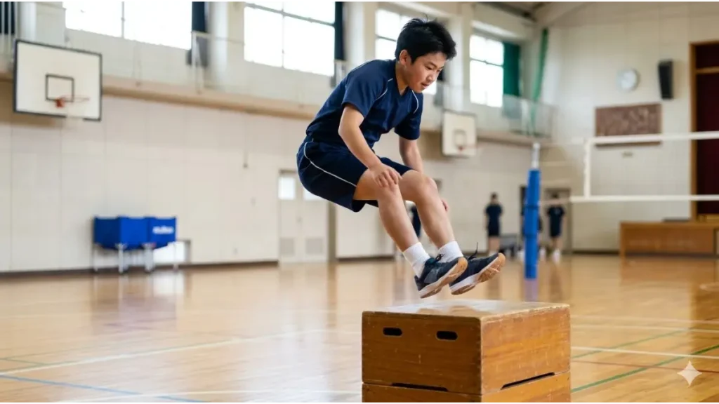 跳躍力を高めるためのプライオメトリクストレーニングとしてボックスジャンプを行う日本の中学生。
