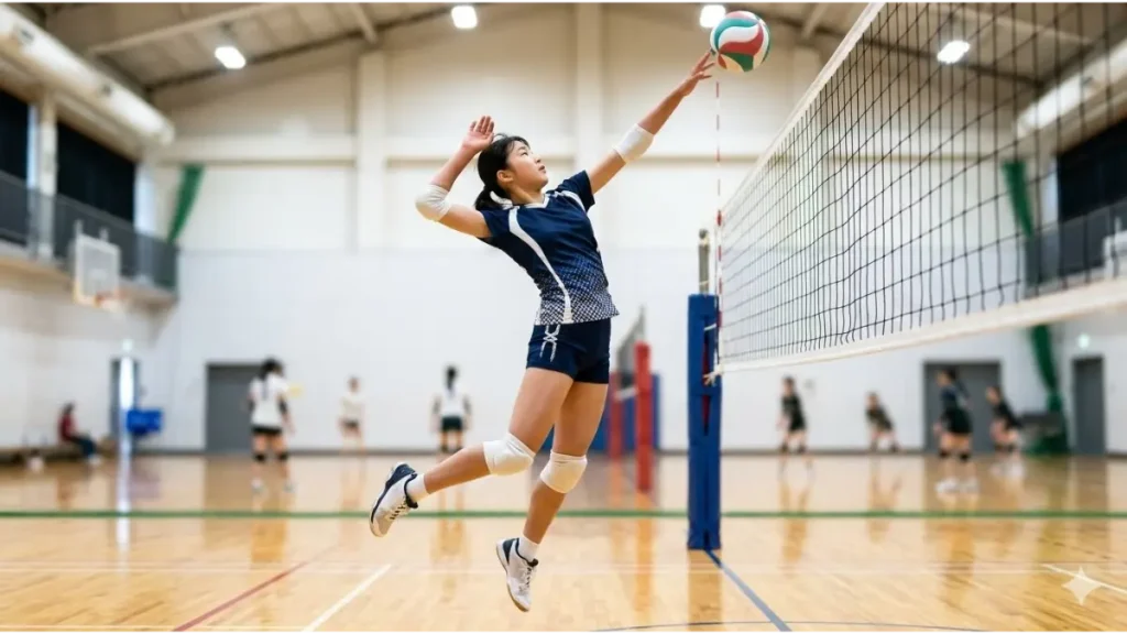 空中で軸がぶれることなく安定した姿勢を保つ、日本の中学生女子バレーボール選手のスパイクシーン。