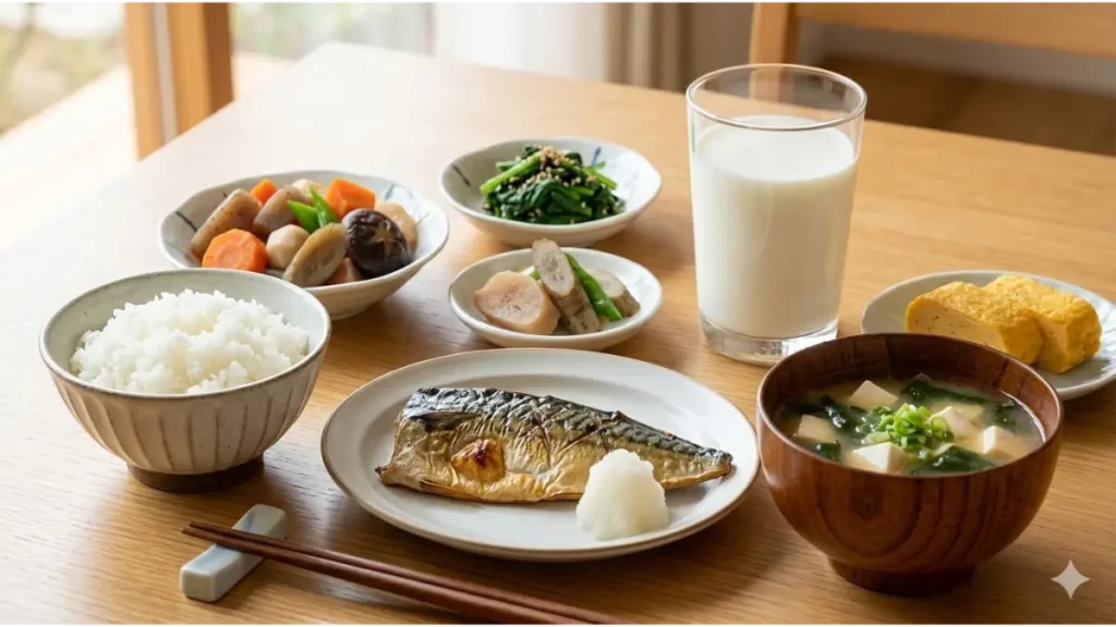 成長期の身長の伸びと身体作りをサポートする、栄養バランスの整った和食のイメージ。