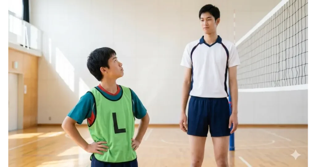 体育館で身長の高いチームメイトのアタッカーを見上げる、失望した表情の中学生男子のリベロ。身長差による物理的な壁を表現。