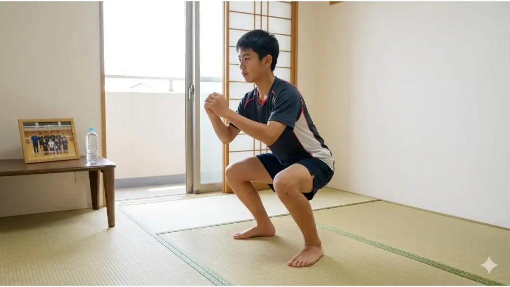 自宅の畳の上でスクワットを行う中学生バレーボール選手