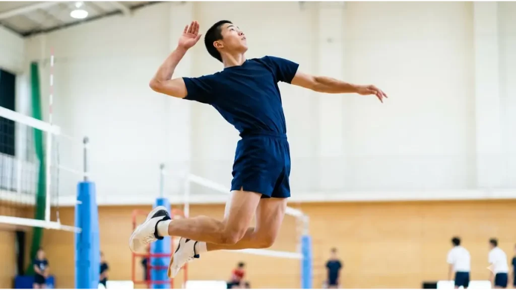 体育館で高くジャンプしようとする日本人中学生男子バレーボール選手の全身写真。全身の筋肉が連動している様子を表現。
