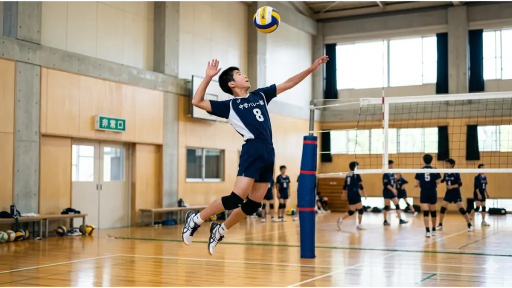 体育館でバレーボールの練習中に高くジャンプする日本人中学生選手。