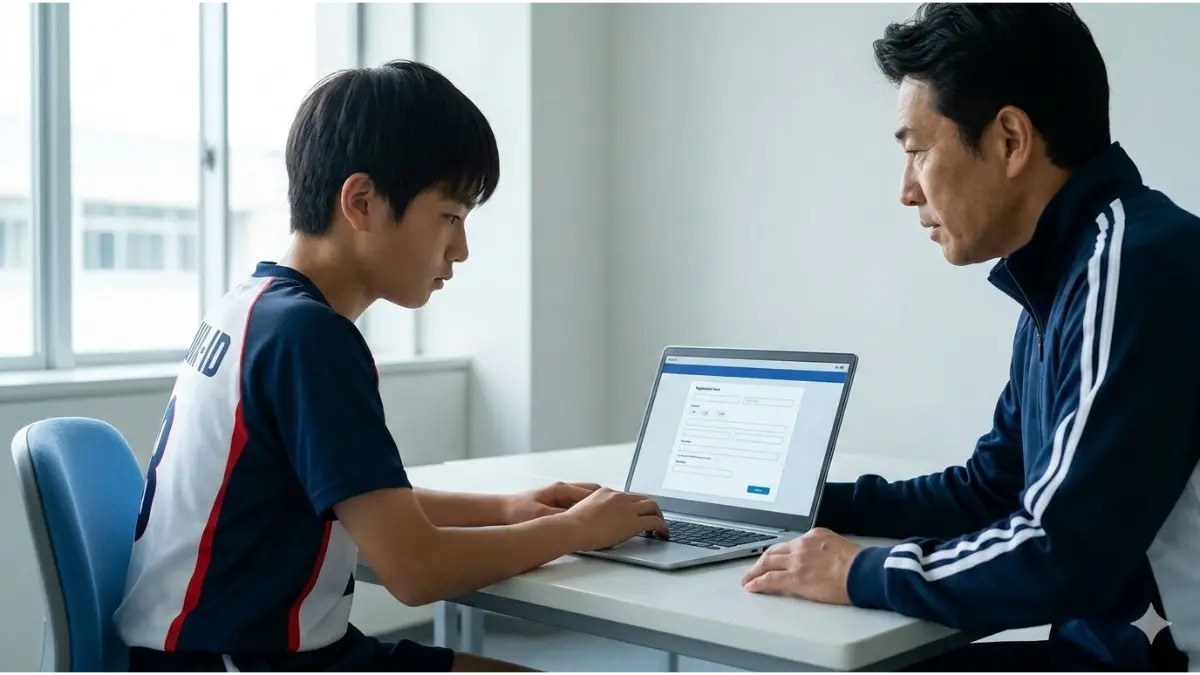 パソコンでJVA-MRSの登録画面を確認する日本人の中学生バレーボール選手と父親。