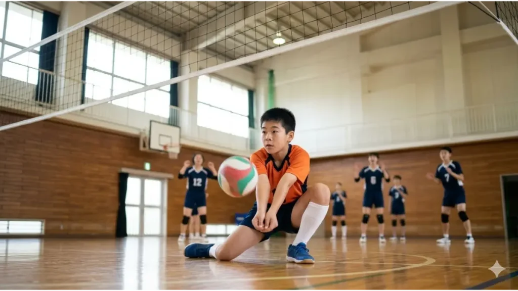 低い姿勢でレシーブをする中学生バレーボールのリベロ選手