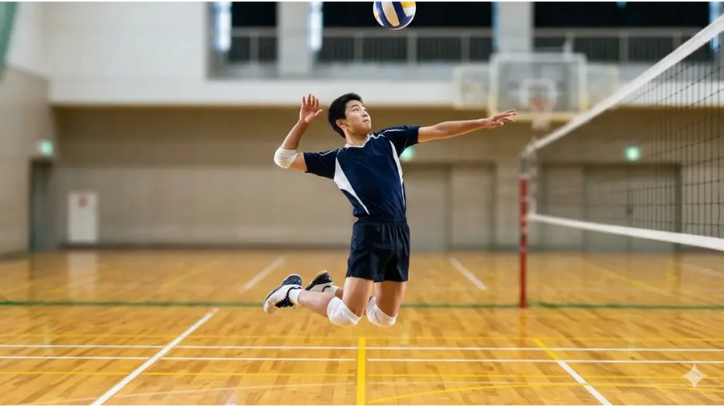 バレーボールの試合で驚異的な高さのジャンプを見せる日本の中学生アタッカーの躍動感ある姿。
