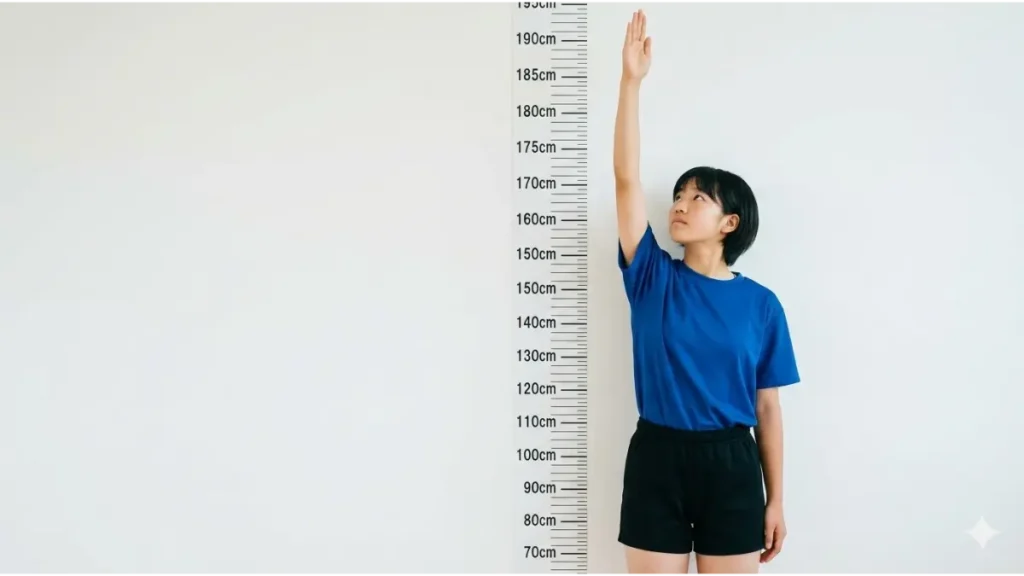 身長測定の壁の前で、腕を真上に伸ばして最高到達点を確認する、日本人中学生女子バレーボール選手のトレーニング風景。