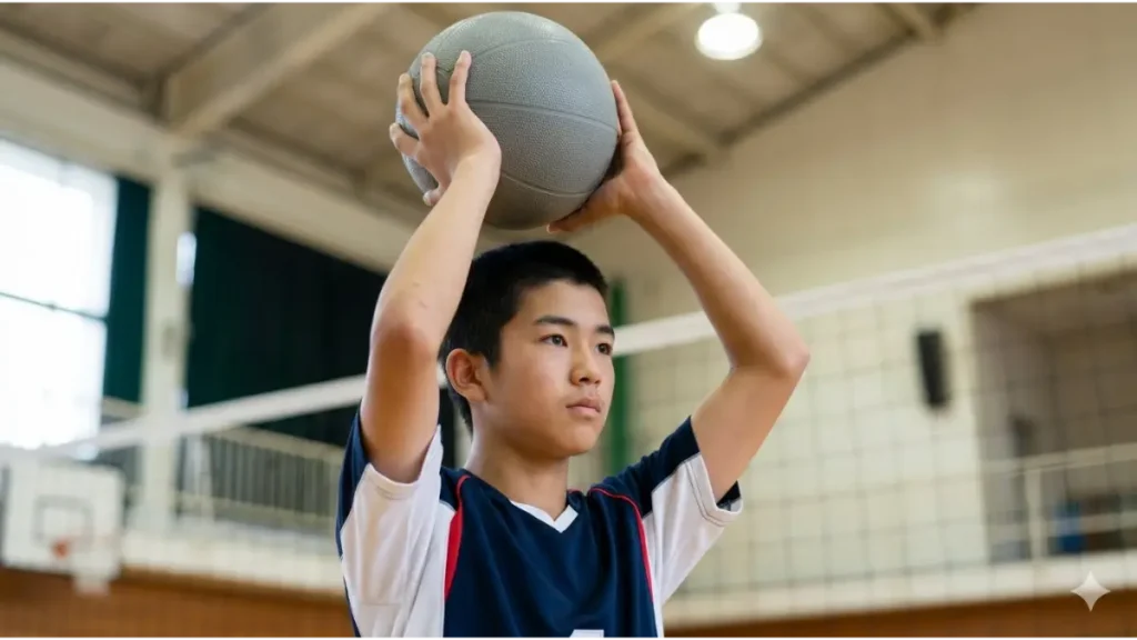 体育館でメディシンボールを頭上から投げる中学生バレーボール選手