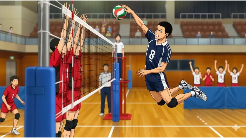 体育館で高打点スパイクを打ち切る日本人中学生バレーボール選手。オポジットとして進化を遂げた姿。