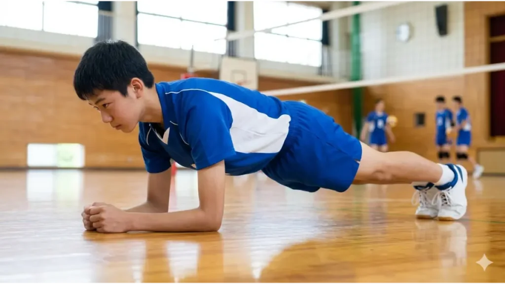 中学生バレーボール選手が体育館でプランク体幹トレーニングを行う様子