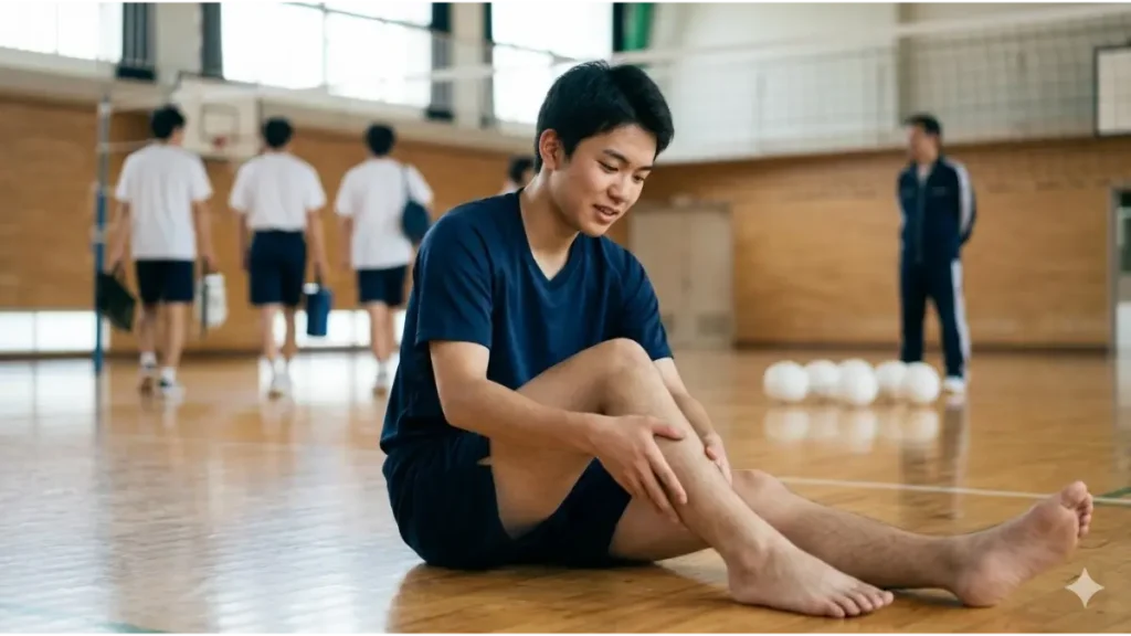 体育館で練習後にふくらはぎをストレッチする日本人中学生バレーボール選手（男子）