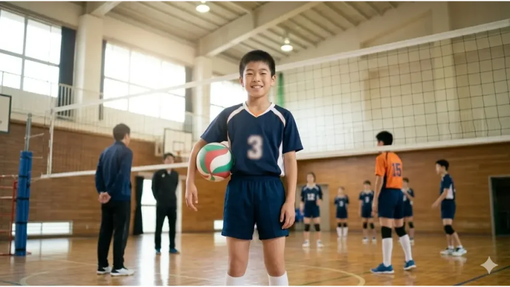 バレーボールコートに立つ自信に満ちた小柄な中学生選手