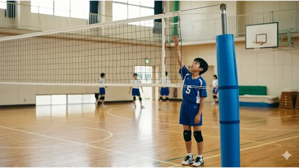 中学校のバレーボールネット(2m30cm)と日本人中学生選手の比較
