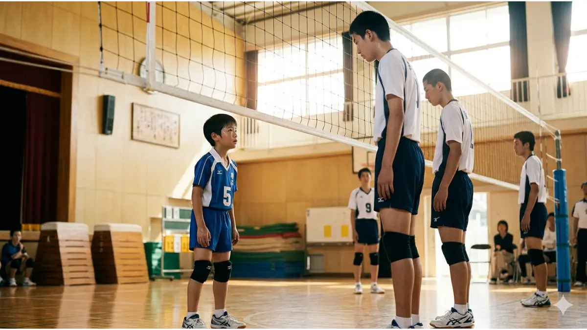 バレーボールのネット越しに相手を見上げる小柄な日本人の中学生選手
