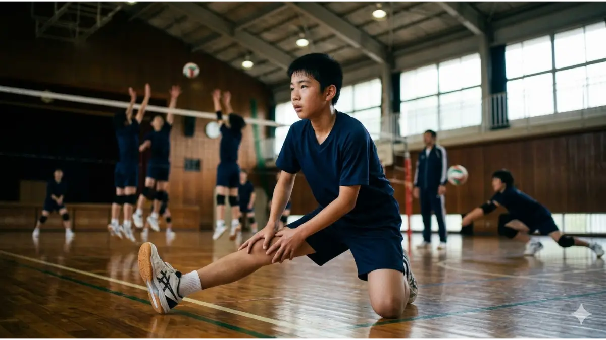 体育館でストレッチをする日本人中学生バレーボール選手と練習風景のアイキャッチ