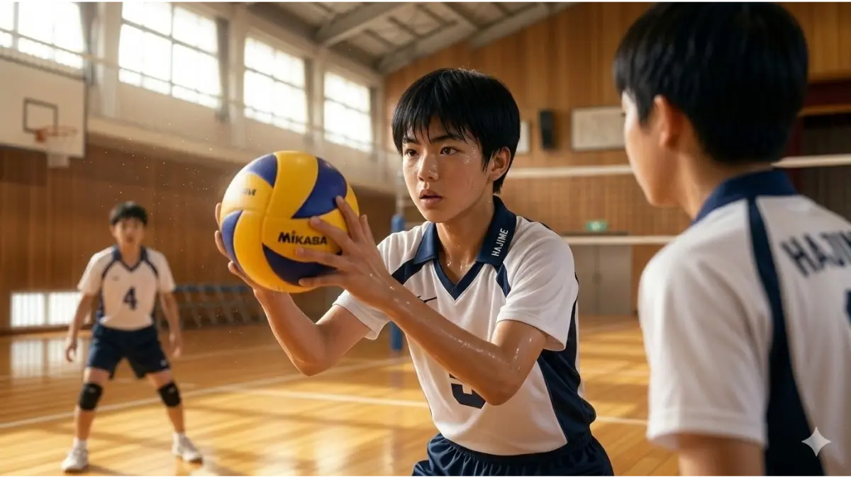 体育館のコートで、集中した表情でトスを上げようとする中学生セッターを接写したリアルな写真。司令塔としての熱量が伝わる。