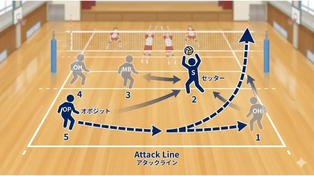 中学生バレーボールコートのオーバーヘッド図解。セッターが前衛（ライト側P2）にいる際の、対角に位置するオポジットプレイヤー（後衛ライト側P5）のアタックライン後方への移動経路を示す回転図。