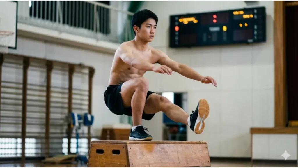 体育館で自重トレーニング(片足スクワット)を行う、日本人中学生男子バレーボール選手の全身写真。筋肉の動きを強調。