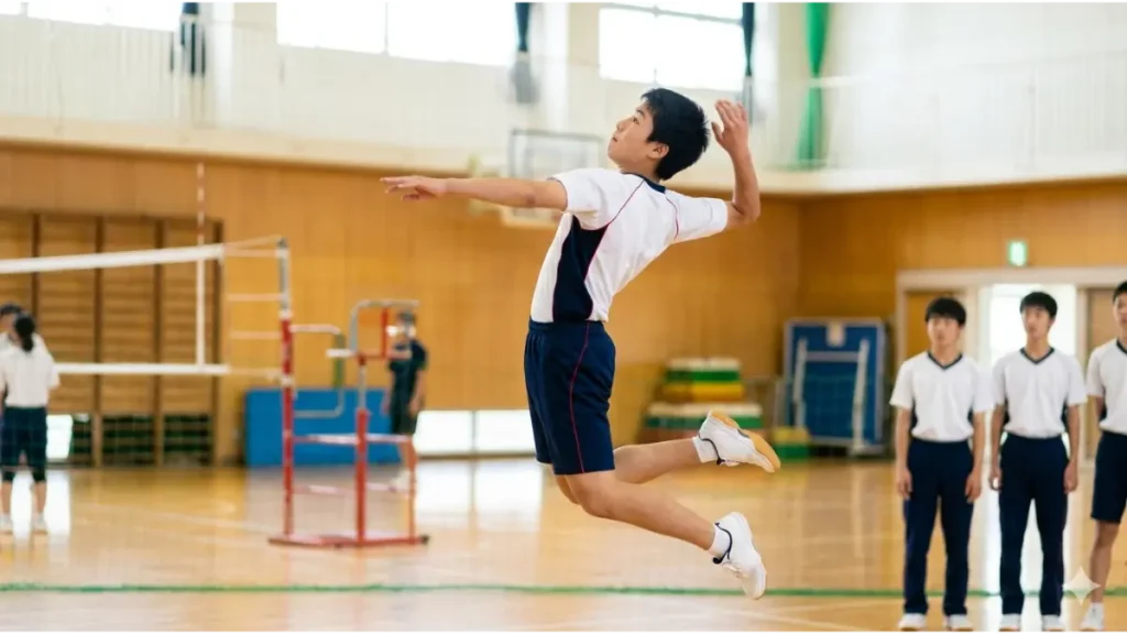 体育館で力強くスパイクを打つ男子中学生
