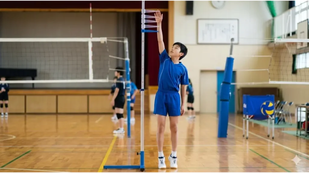 体育館で指高を測定する中学生バレーボール選手